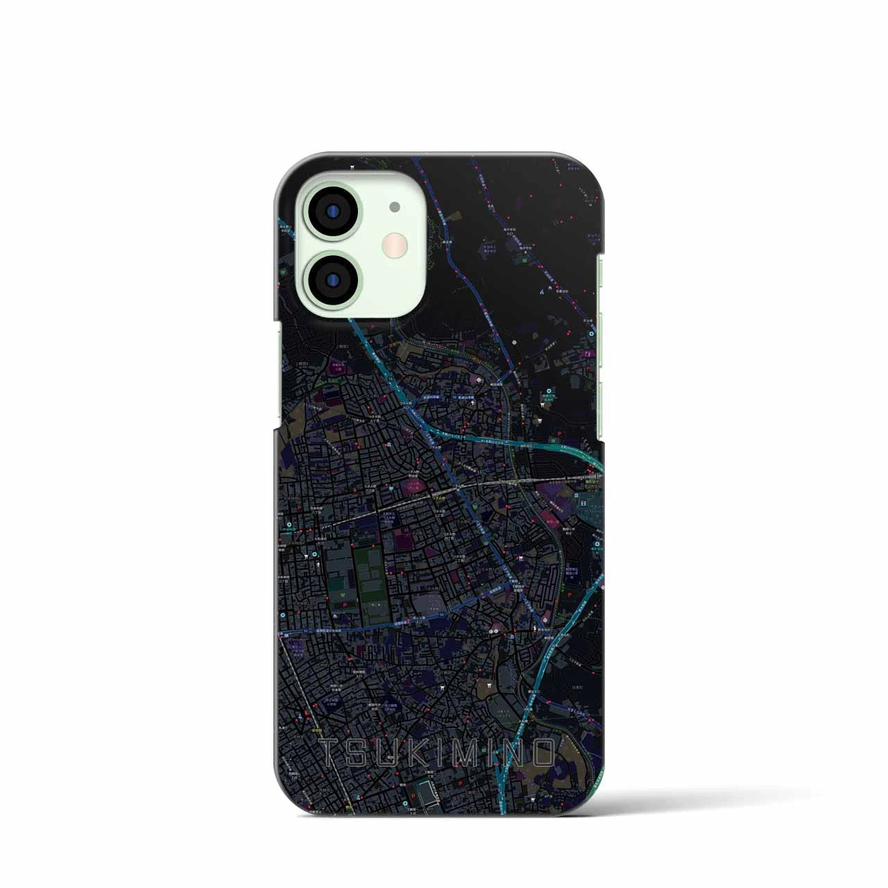 【つきみ野】地図柄iPhoneケース（バックカバータイプ・ブラック）iPhone 12 mini 用