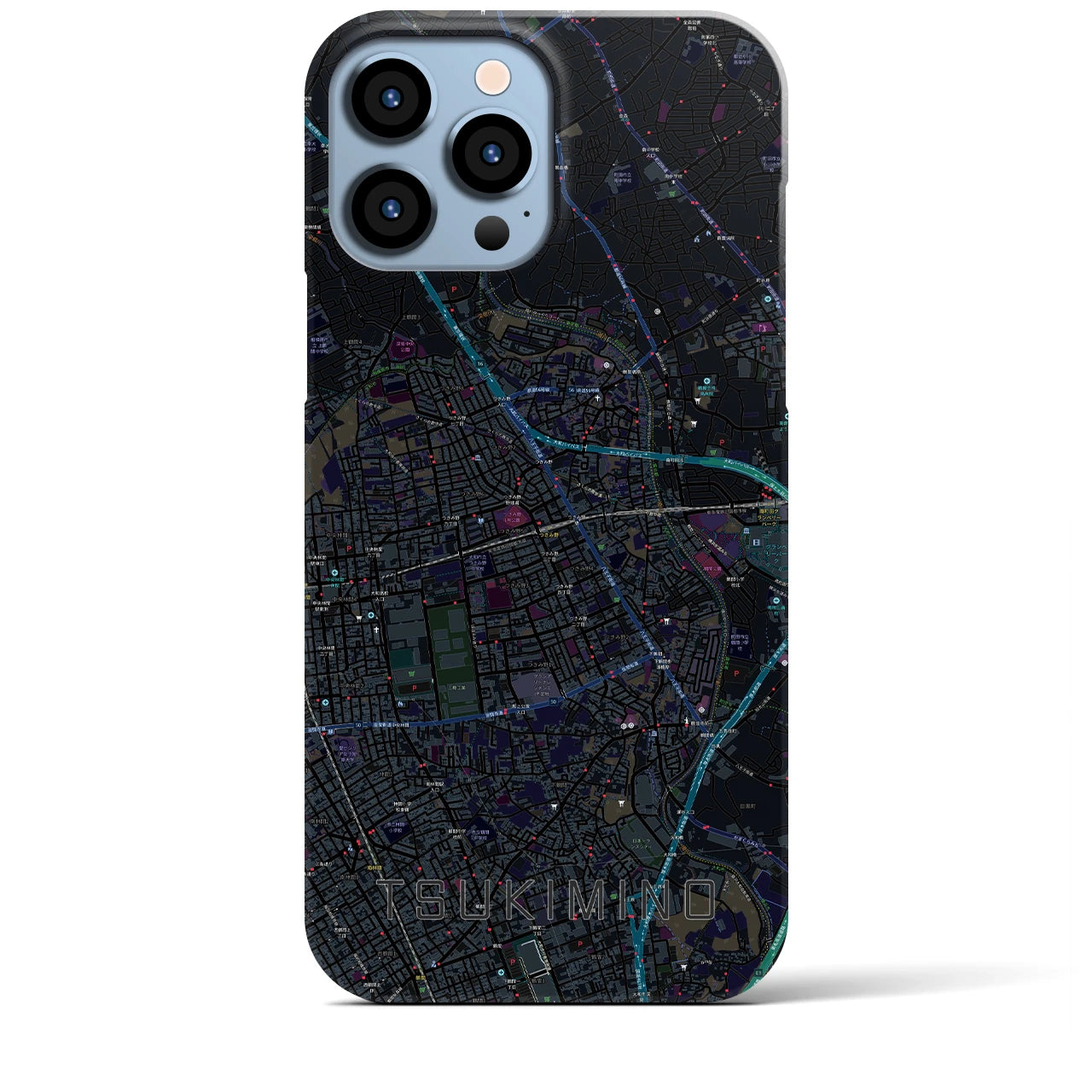 【つきみ野】地図柄iPhoneケース（バックカバータイプ・ブラック）iPhone 13 Pro Max 用