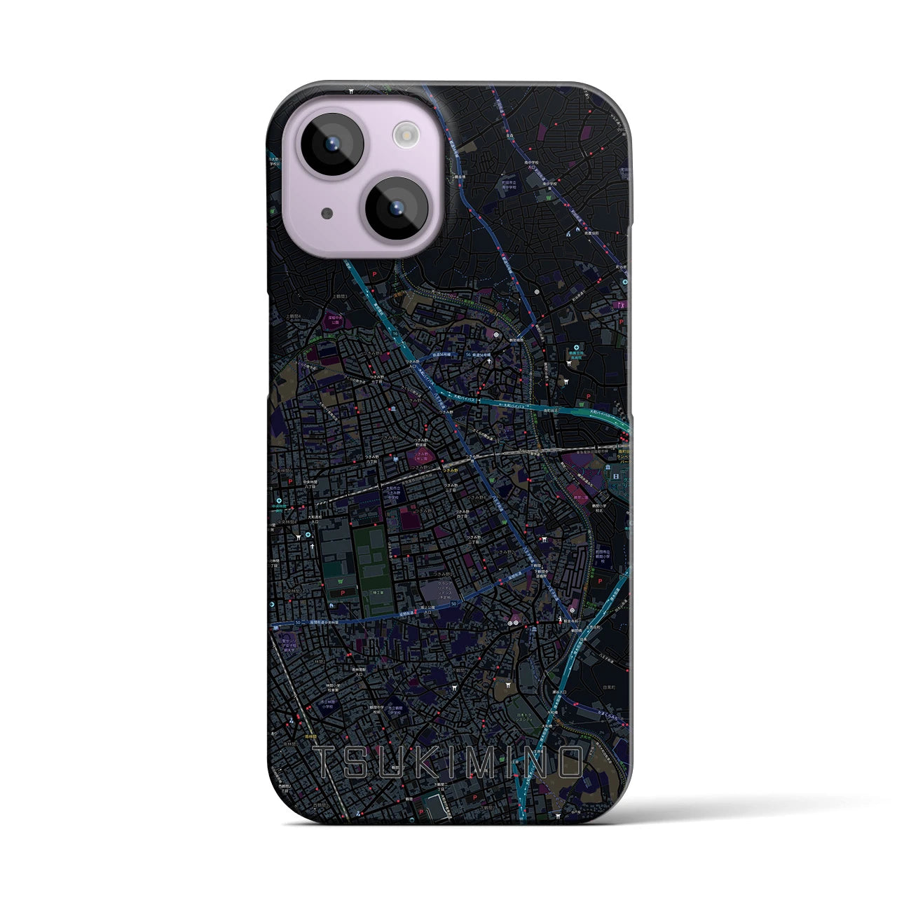 【つきみ野】地図柄iPhoneケース（バックカバータイプ・ブラック）iPhone 14 用