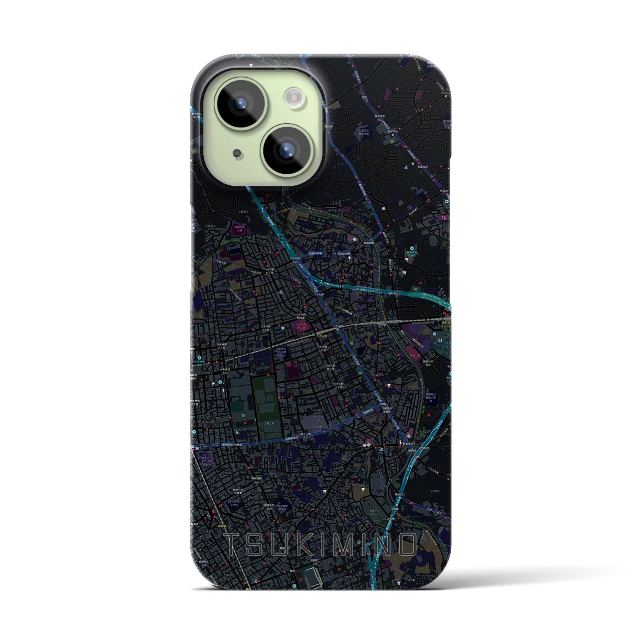【つきみ野】地図柄iPhoneケース（バックカバータイプ・ブラック）iPhone 15 用