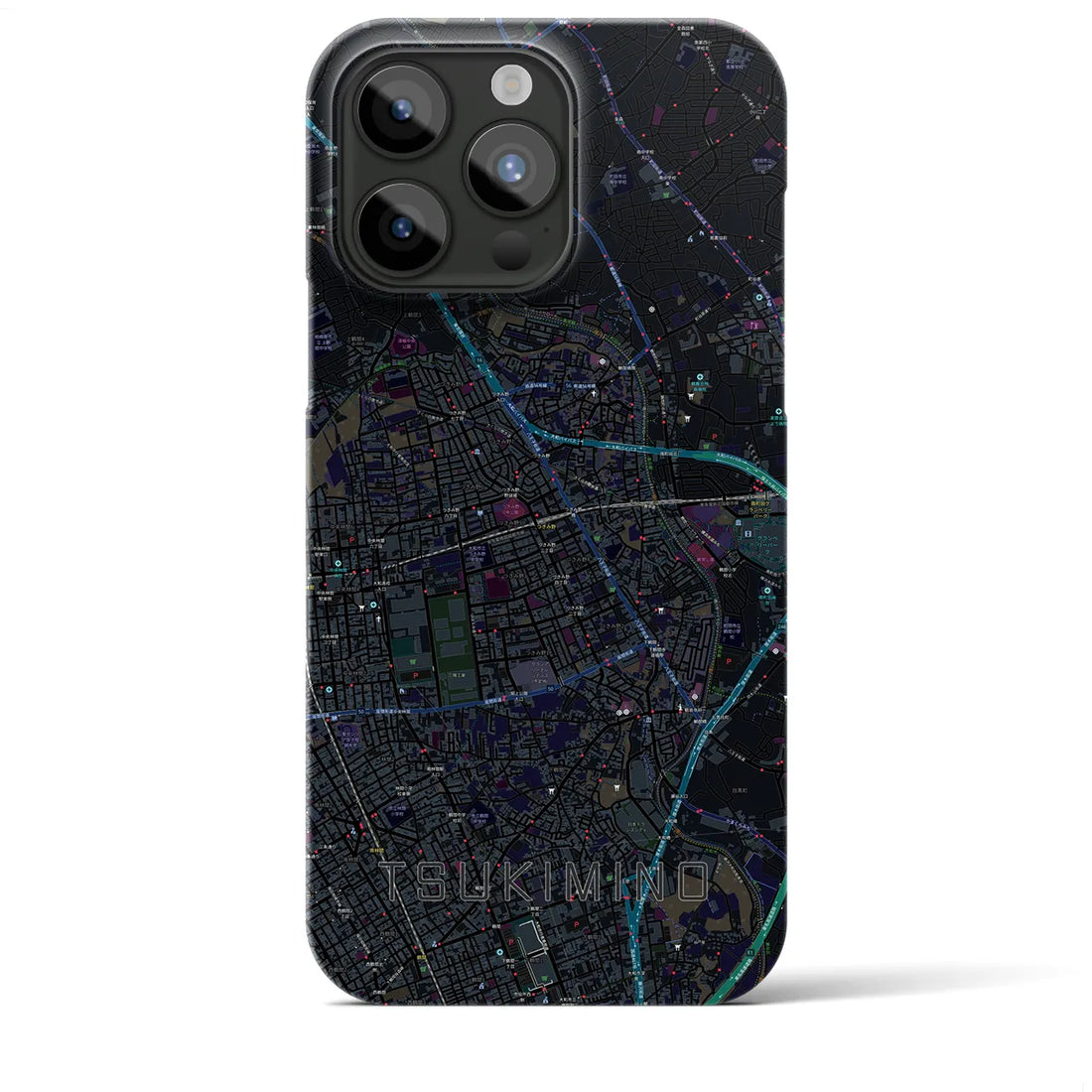 【つきみ野】地図柄iPhoneケース（バックカバータイプ・ブラック）iPhone 15 Pro Max 用
