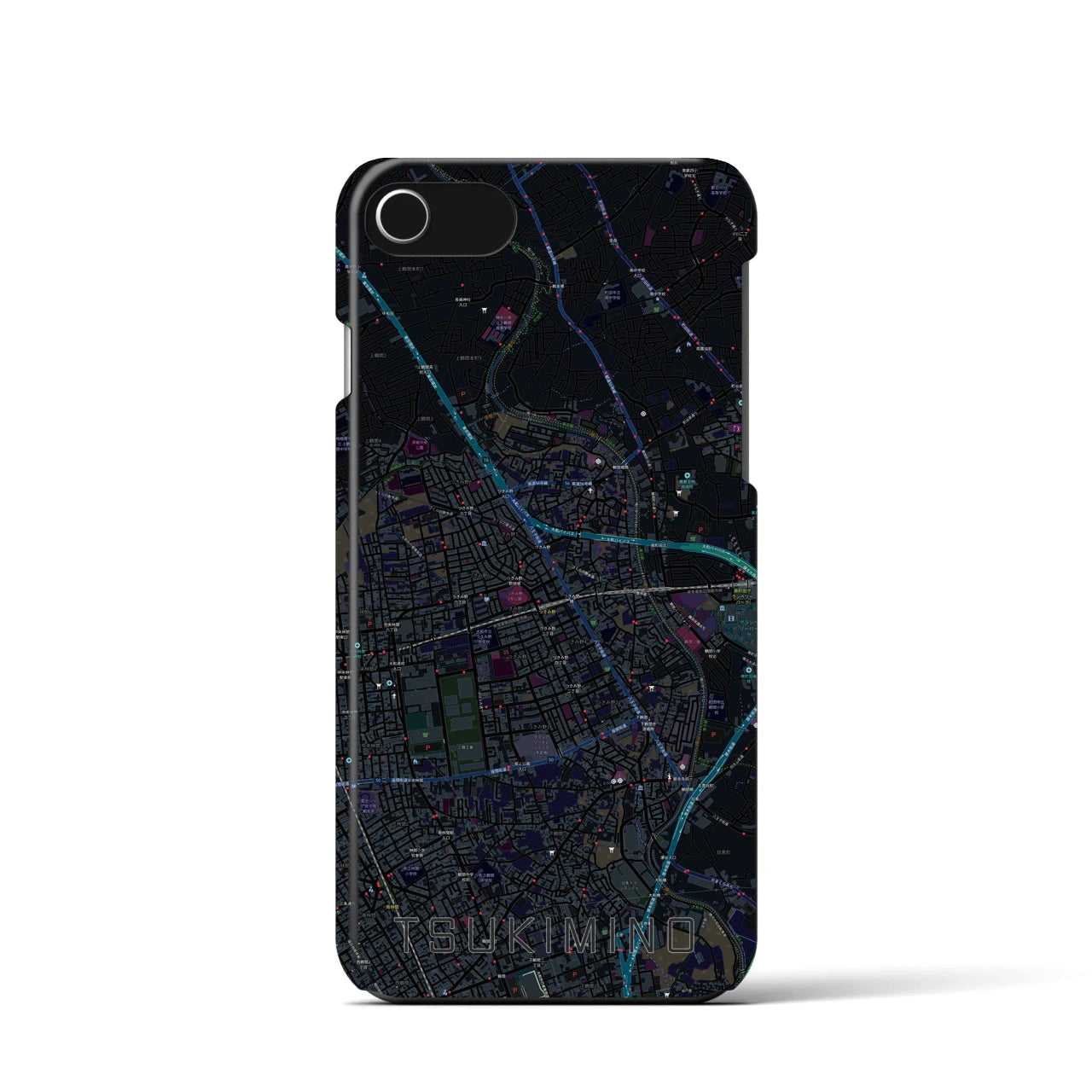【つきみ野】地図柄iPhoneケース（バックカバータイプ・ブラック）iPhone SE（第3 / 第2世代） / 8 / 7 / 6s / 6 用