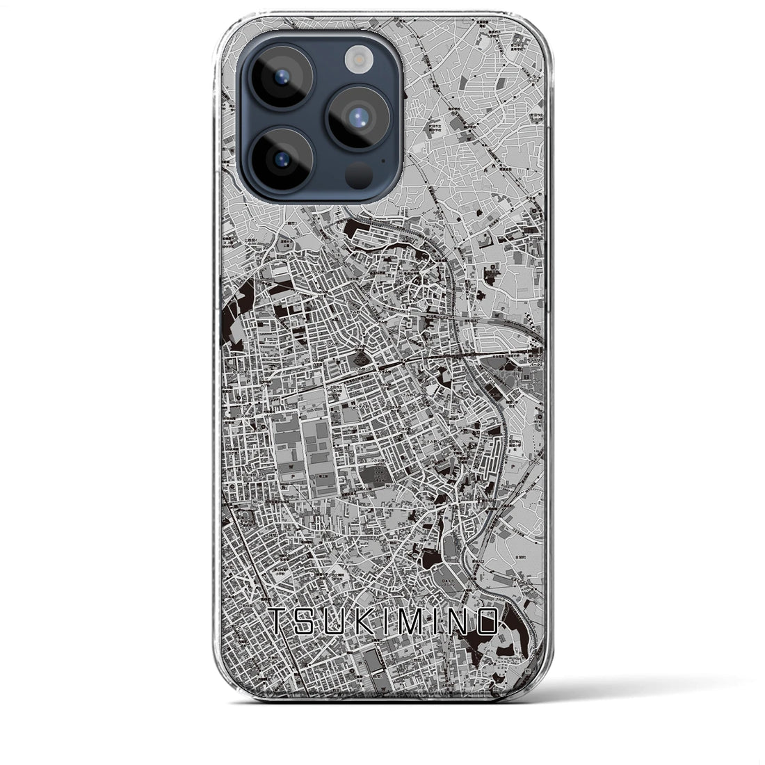 【つきみ野】地図柄iPhoneケース（クリアタイプ・モノトーン）iPhone 15 Pro Max 用