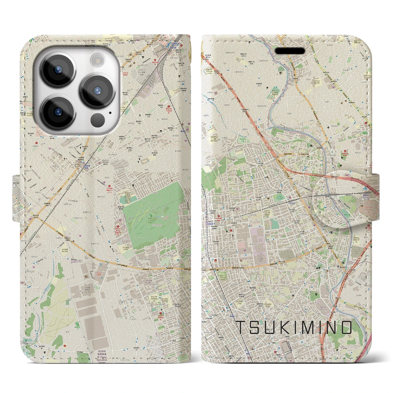 【つきみ野】地図柄iPhoneケース（手帳両面タイプ・ナチュラル）iPhone 14 Pro 用