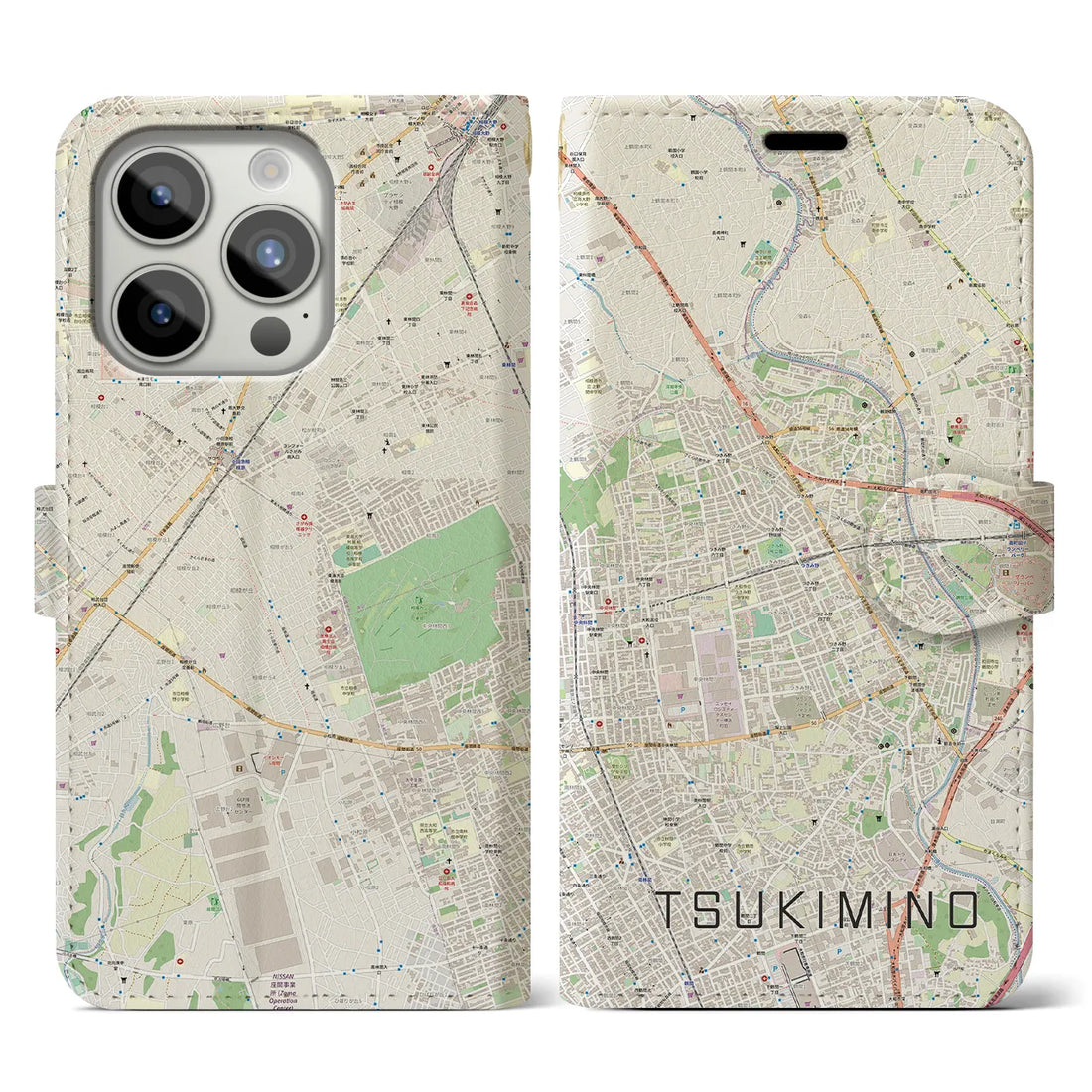 【つきみ野】地図柄iPhoneケース（手帳両面タイプ・ナチュラル）iPhone 15 Pro 用