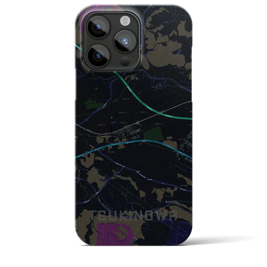 【つきのわ】地図柄iPhoneケース（バックカバータイプ・ブラック）iPhone 15 Pro Max 用
