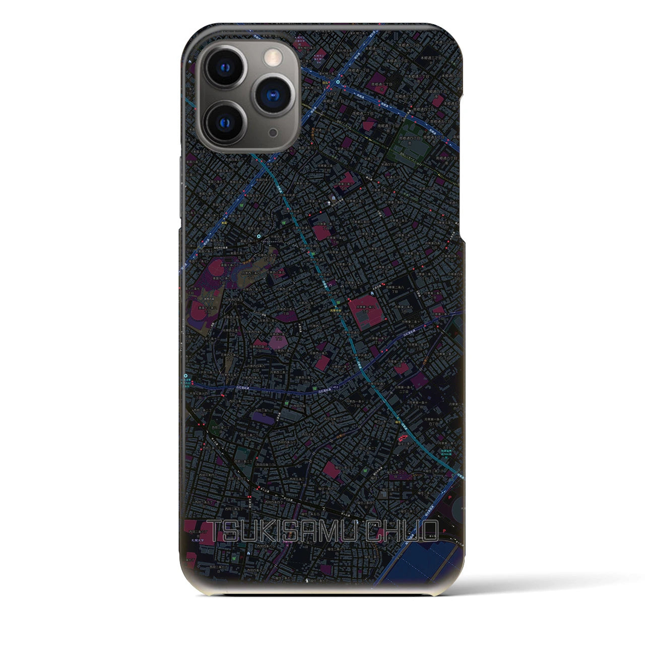【月寒中央】地図柄iPhoneケース（バックカバータイプ・ブラック）iPhone 11 Pro Max 用