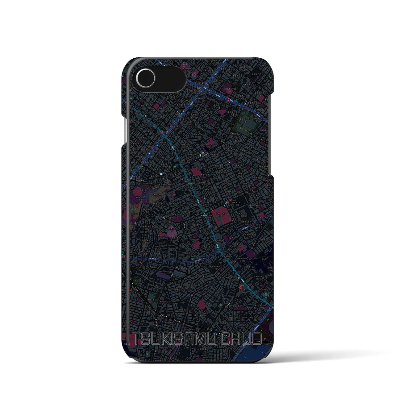 【月寒中央】地図柄iPhoneケース（バックカバータイプ・ブラック）iPhone SE（第3 / 第2世代） / 8 / 7 / 6s / 6 用