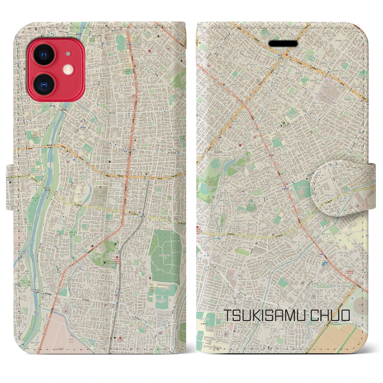 【月寒中央】地図柄iPhoneケース（手帳両面タイプ・ナチュラル）iPhone 11 用