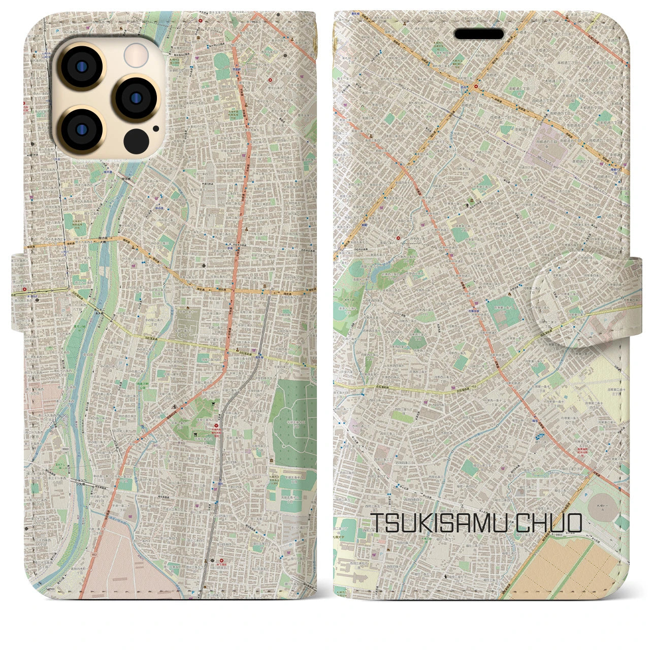 【月寒中央】地図柄iPhoneケース（手帳両面タイプ・ナチュラル）iPhone 12 Pro Max 用
