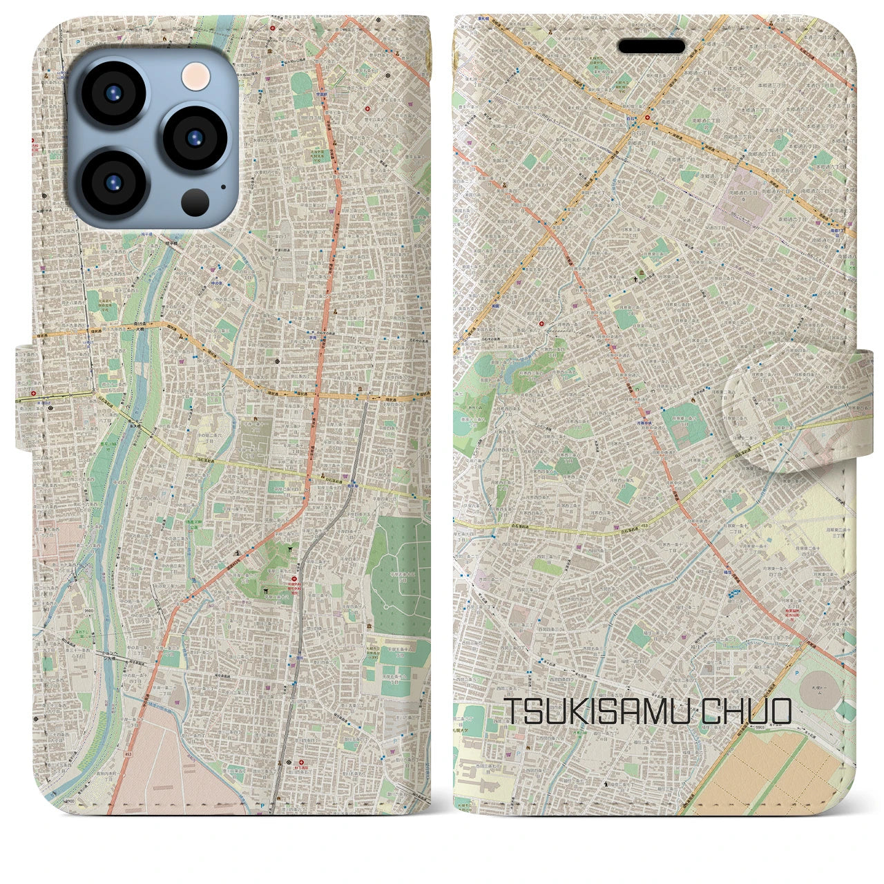 【月寒中央】地図柄iPhoneケース（手帳両面タイプ・ナチュラル）iPhone 13 Pro Max 用