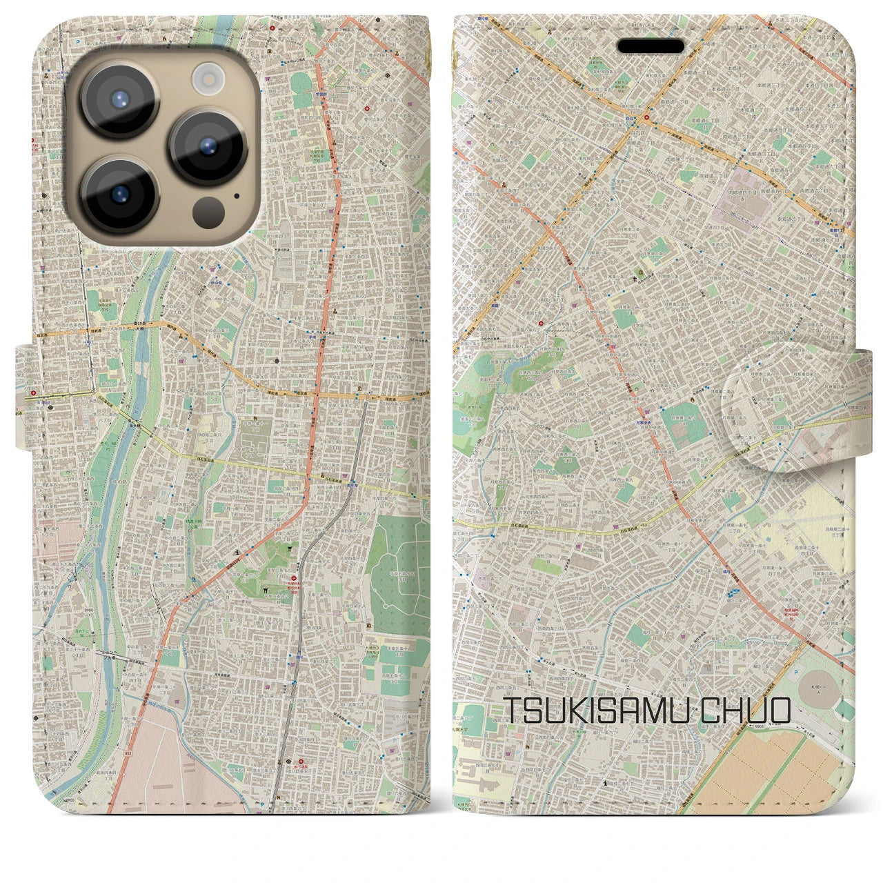 【月寒中央】地図柄iPhoneケース（手帳両面タイプ・ナチュラル）iPhone 14 Pro Max 用