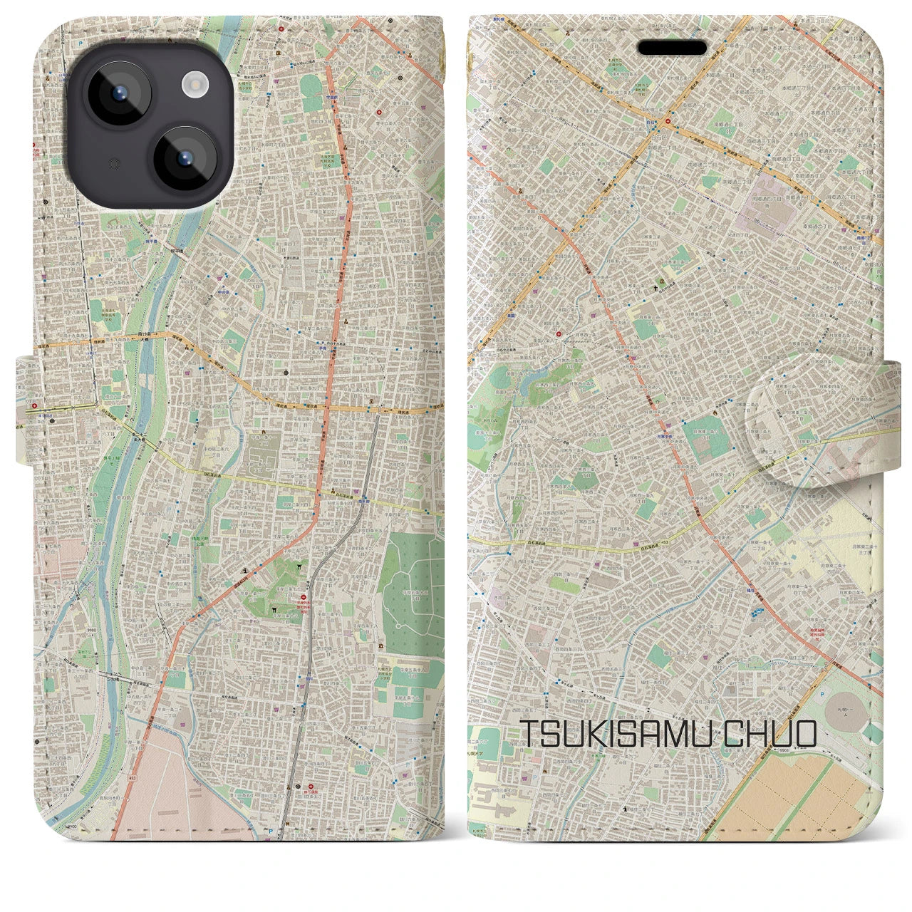 【月寒中央】地図柄iPhoneケース（手帳両面タイプ・ナチュラル）iPhone 14 Plus 用