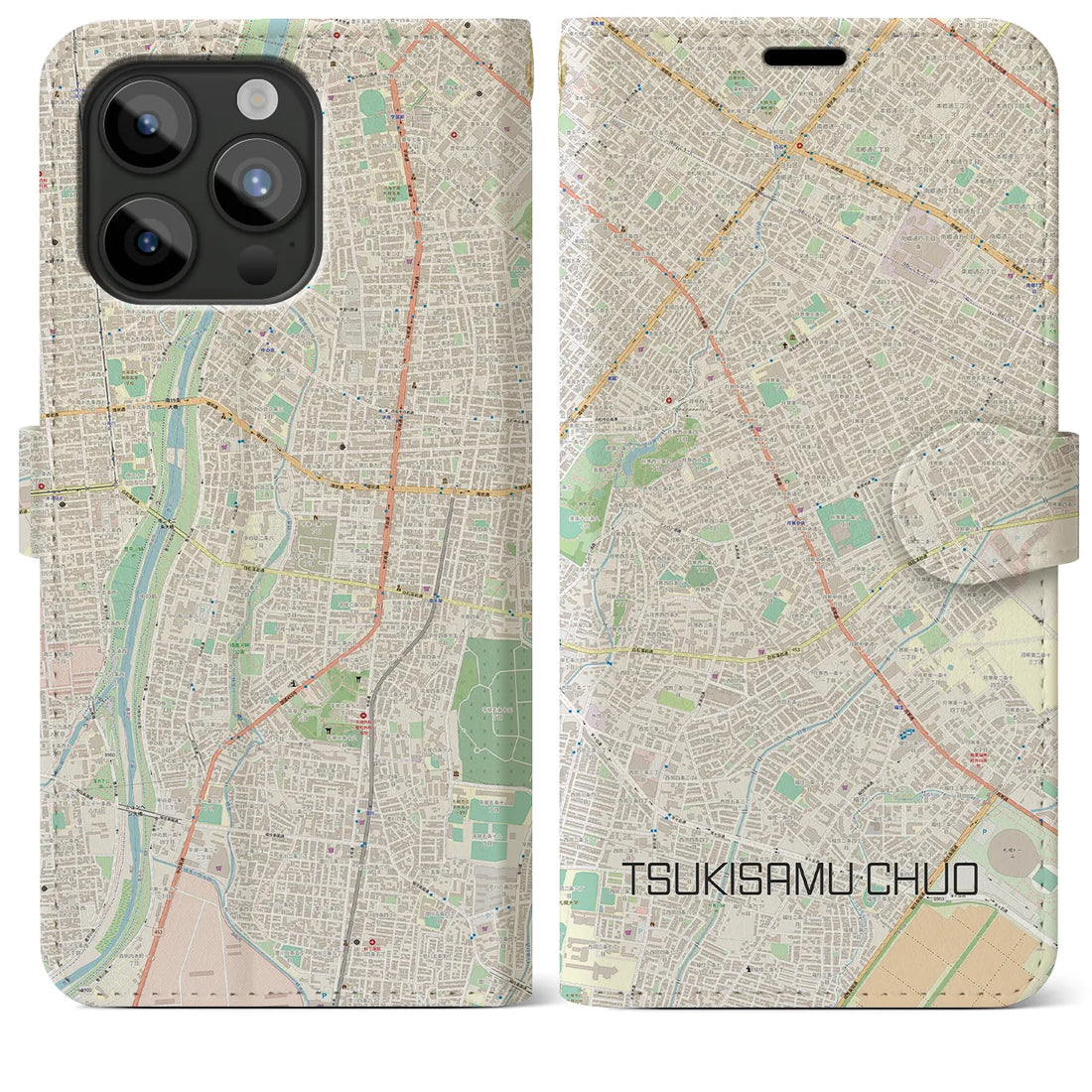 【月寒中央】地図柄iPhoneケース（手帳両面タイプ・ナチュラル）iPhone 15 Pro Max 用