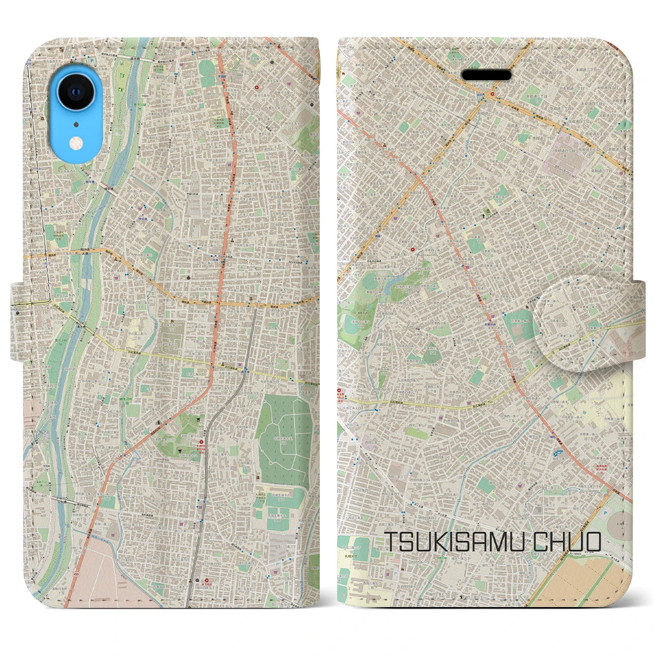 【月寒中央】地図柄iPhoneケース（手帳両面タイプ・ナチュラル）iPhone XR 用