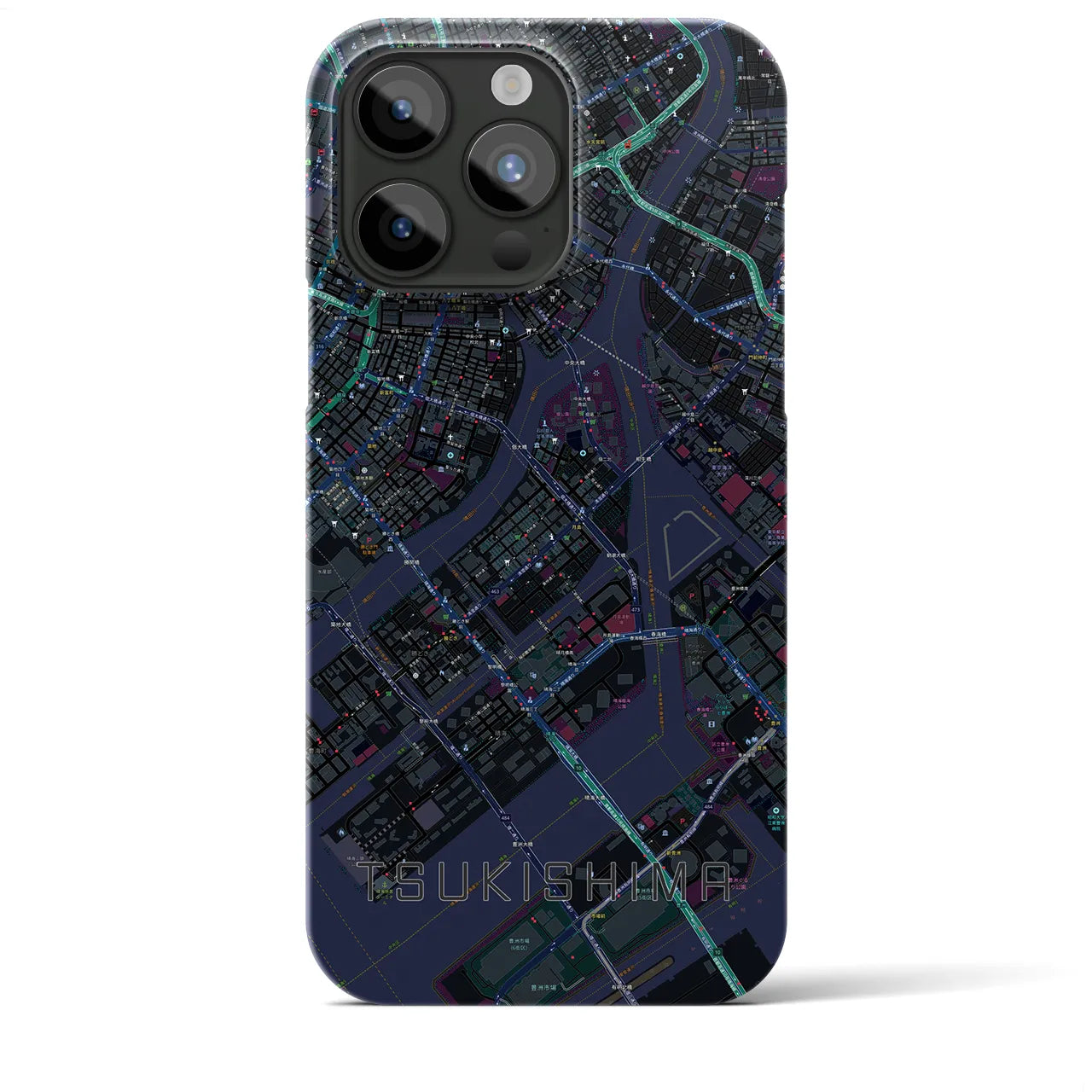【月島】地図柄iPhoneケース（バックカバータイプ・ブラック）iPhone 15 Pro Max 用