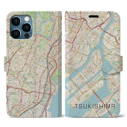 【月島（東京都）】地図柄iPhoneケース（手帳タイプ）ナチュラル・iPhone 12 / 12 Pro 用