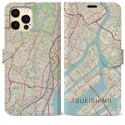【月島（東京都）】地図柄iPhoneケース（手帳タイプ）ナチュラル・iPhone 12 Pro Max 用
