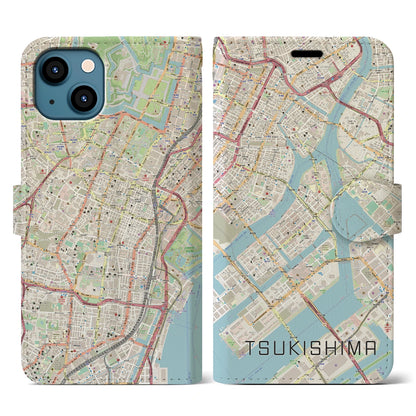 【月島（東京都）】地図柄iPhoneケース（手帳タイプ）ナチュラル・iPhone 13 用