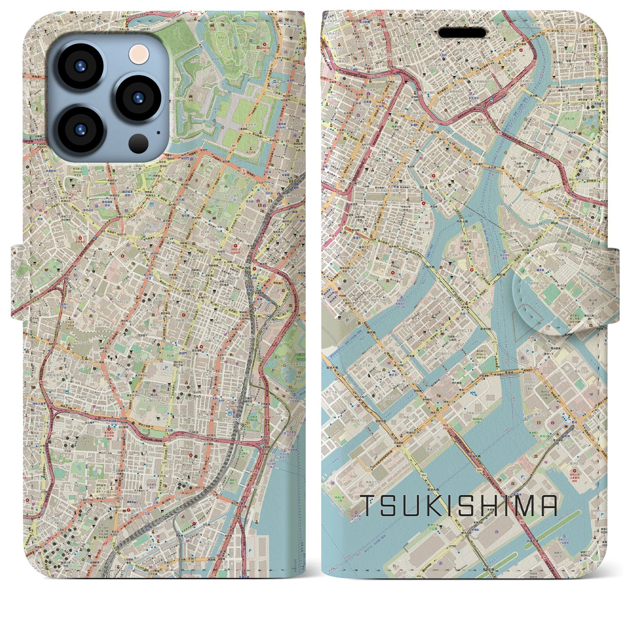 【月島】地図柄iPhoneケース（手帳両面タイプ・ナチュラル）iPhone 13 Pro Max 用