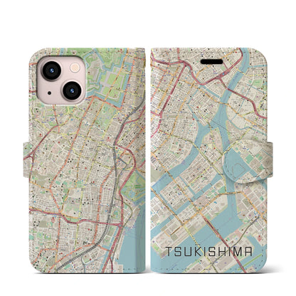 【月島（東京都）】地図柄iPhoneケース（手帳タイプ）ナチュラル・iPhone 13 mini 用