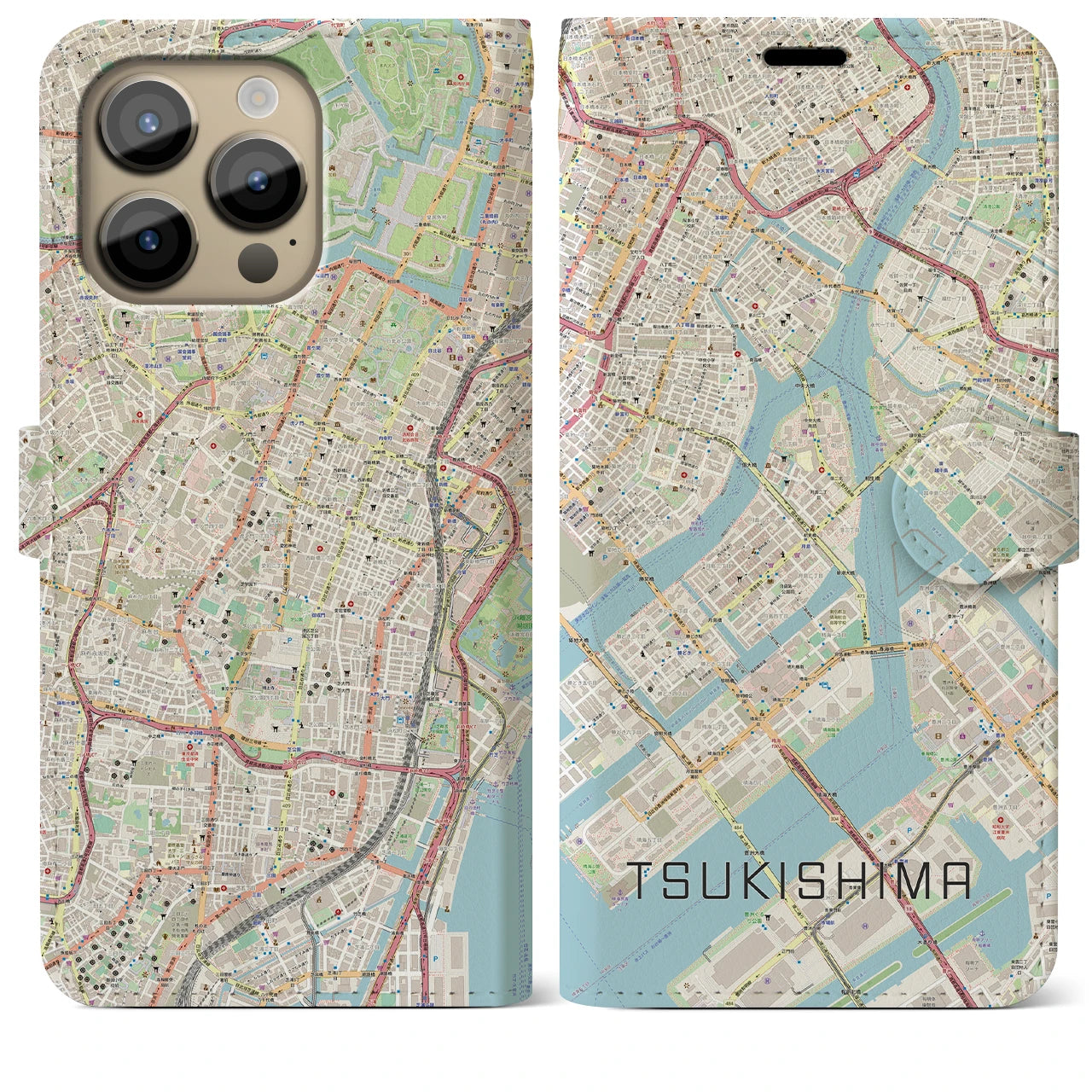 【月島】地図柄iPhoneケース（手帳両面タイプ・ナチュラル）iPhone 14 Pro Max 用