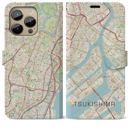 【月島（東京都）】地図柄iPhoneケース（手帳タイプ）ナチュラル・iPhone 14 Pro Max 用