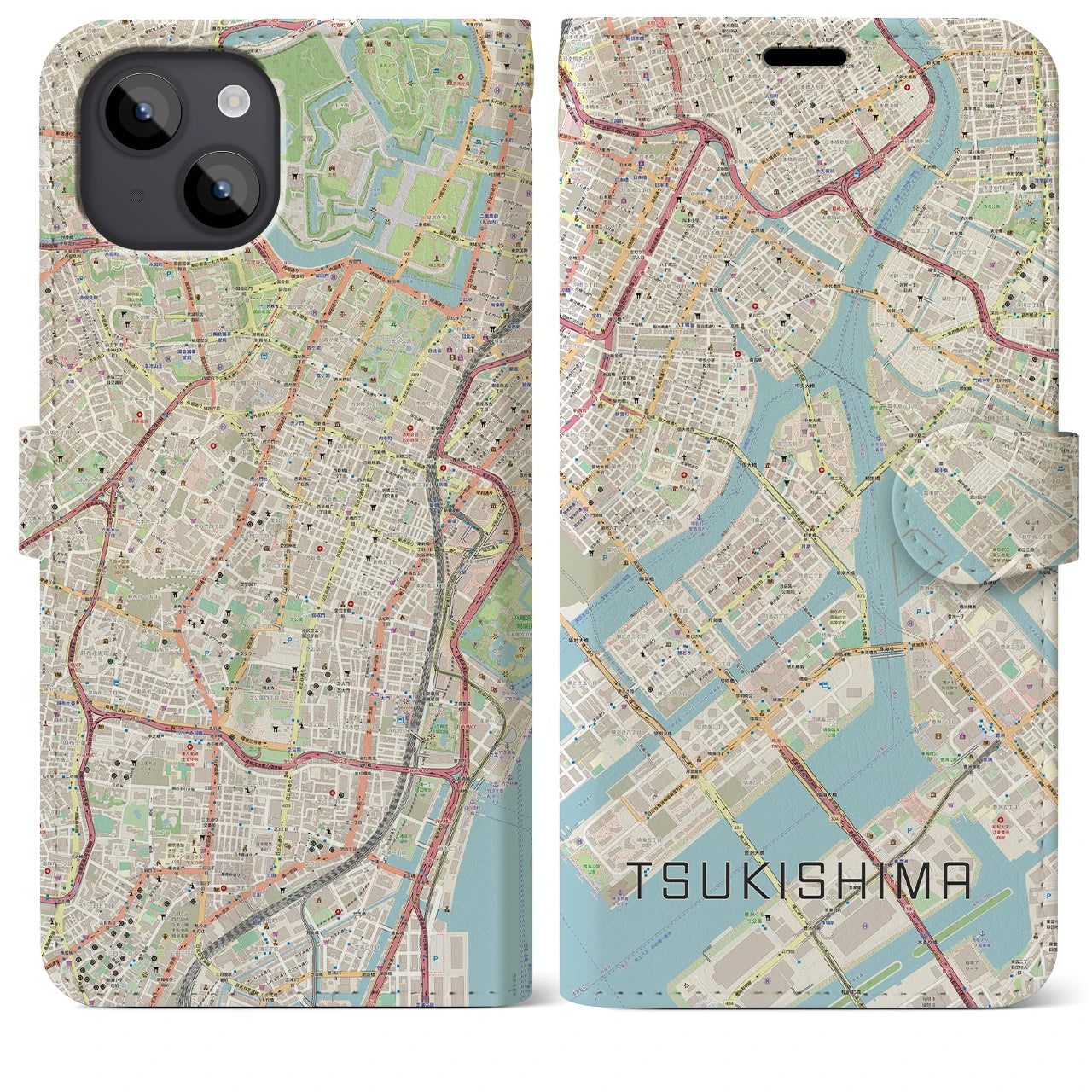 【月島】地図柄iPhoneケース（手帳両面タイプ・ナチュラル）iPhone 14 Plus 用