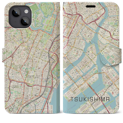 【月島（東京都）】地図柄iPhoneケース（手帳タイプ）ナチュラル・iPhone 14 Plus 用