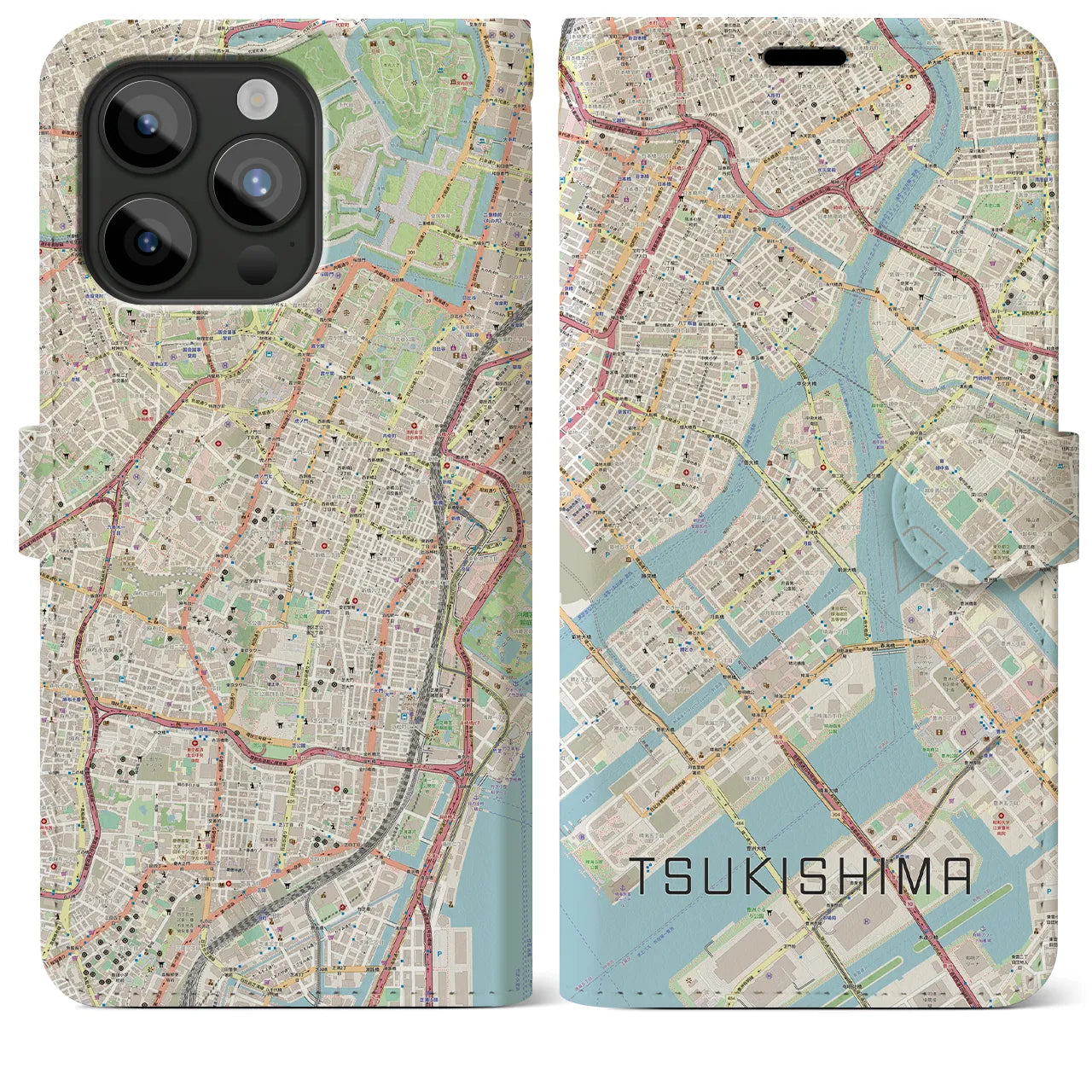 【月島】地図柄iPhoneケース（手帳両面タイプ・ナチュラル）iPhone 15 Pro Max 用