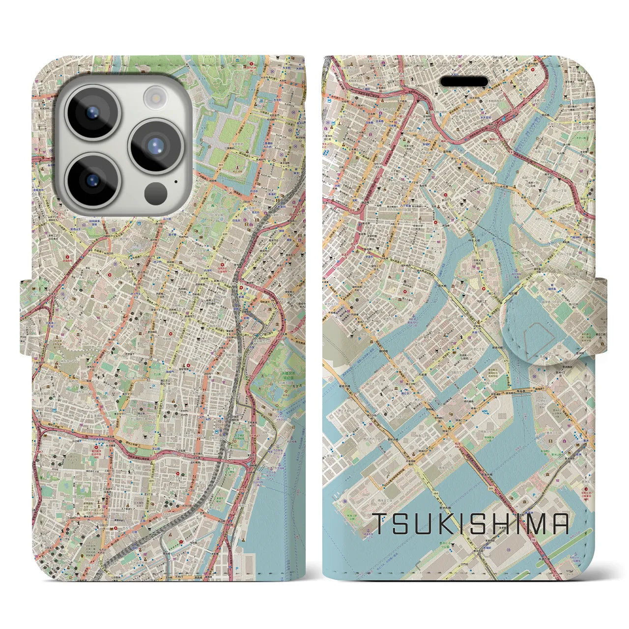 【月島】地図柄iPhoneケース（手帳両面タイプ・ナチュラル）iPhone 15 Pro 用