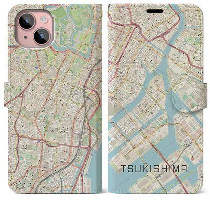 【月島（東京都）】地図柄iPhoneケース（手帳タイプ）ナチュラル・iPhone 15 Plus 用