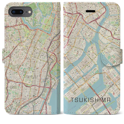 【月島（東京都）】地図柄iPhoneケース（手帳タイプ）ナチュラル・iPhone 8Plus /7Plus / 6sPlus / 6Plus 用