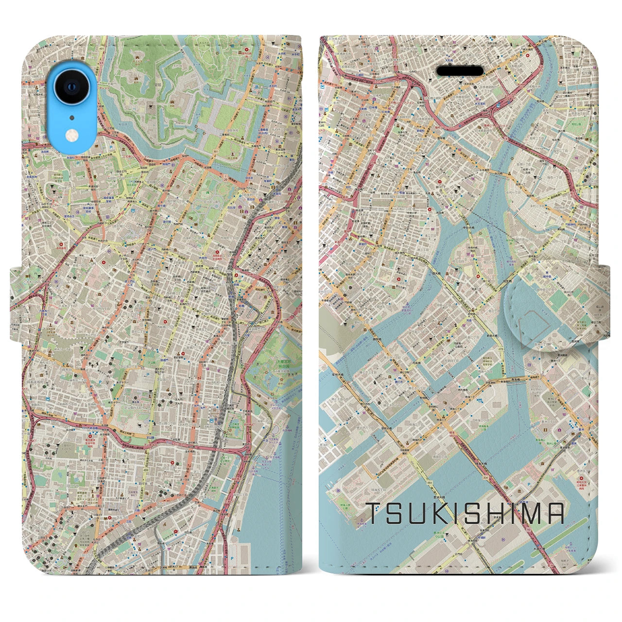 【月島】地図柄iPhoneケース（手帳両面タイプ・ナチュラル）iPhone XR 用