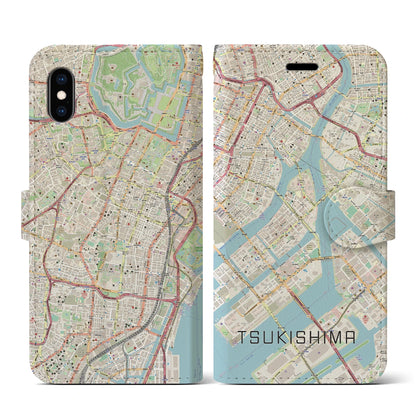【月島（東京都）】地図柄iPhoneケース（手帳タイプ）ナチュラル・iPhone XS / X 用