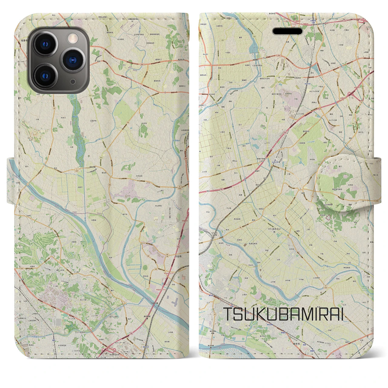 【つくばみらい】地図柄iPhoneケース（手帳両面タイプ・ナチュラル）iPhone 11 Pro Max 用