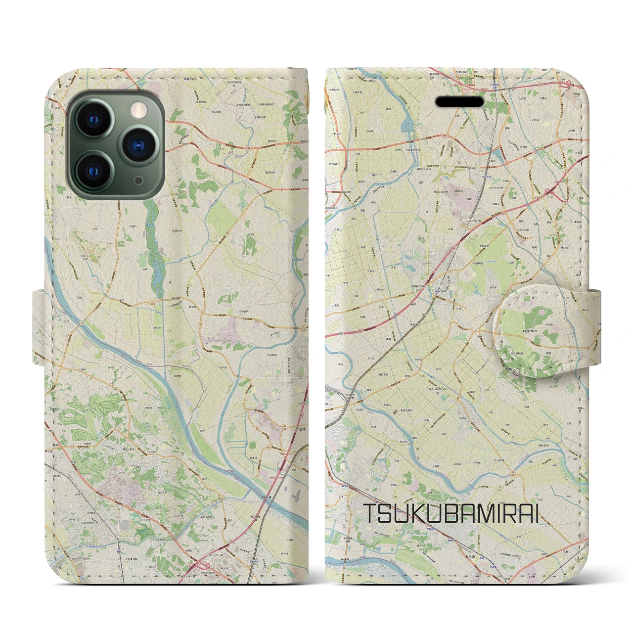 【つくばみらい】地図柄iPhoneケース（手帳両面タイプ・ナチュラル）iPhone 11 Pro 用