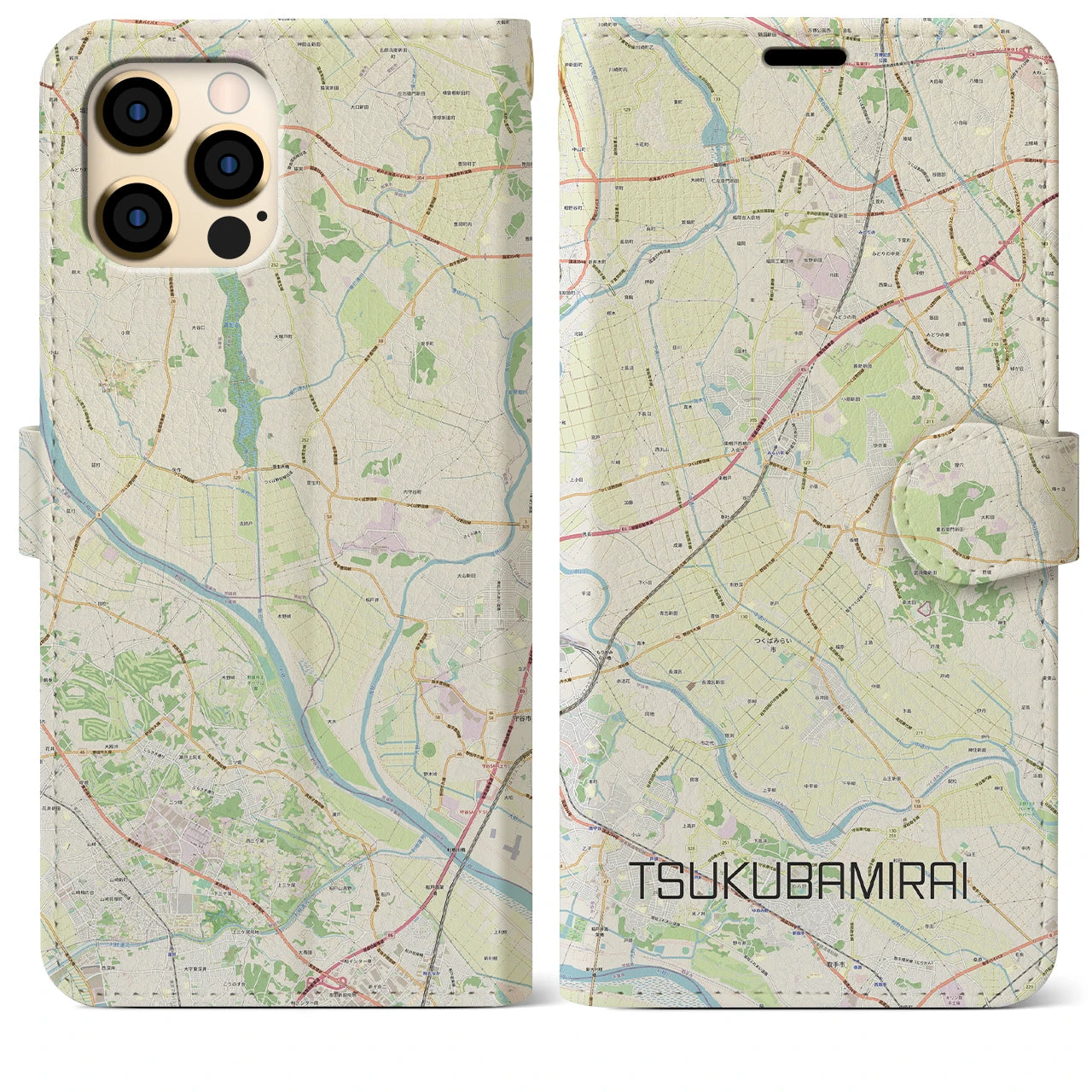 【つくばみらい】地図柄iPhoneケース（手帳両面タイプ・ナチュラル）iPhone 12 Pro Max 用