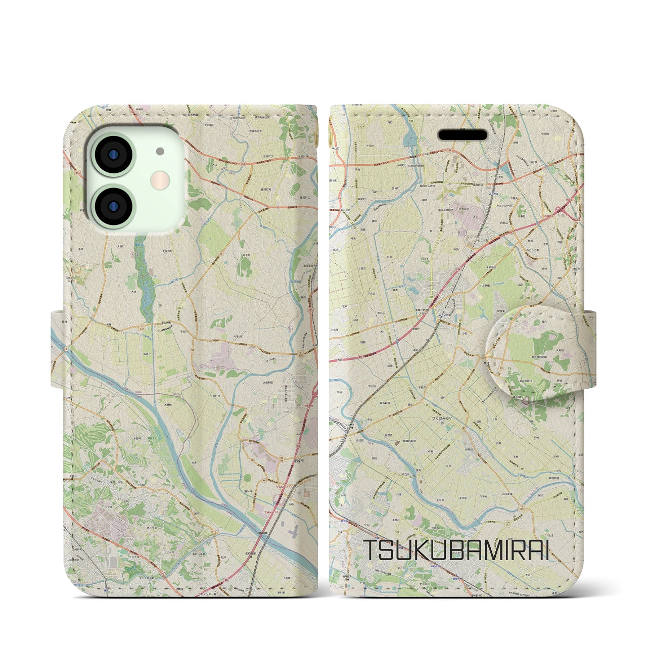 【つくばみらい】地図柄iPhoneケース（手帳両面タイプ・ナチュラル）iPhone 12 mini 用