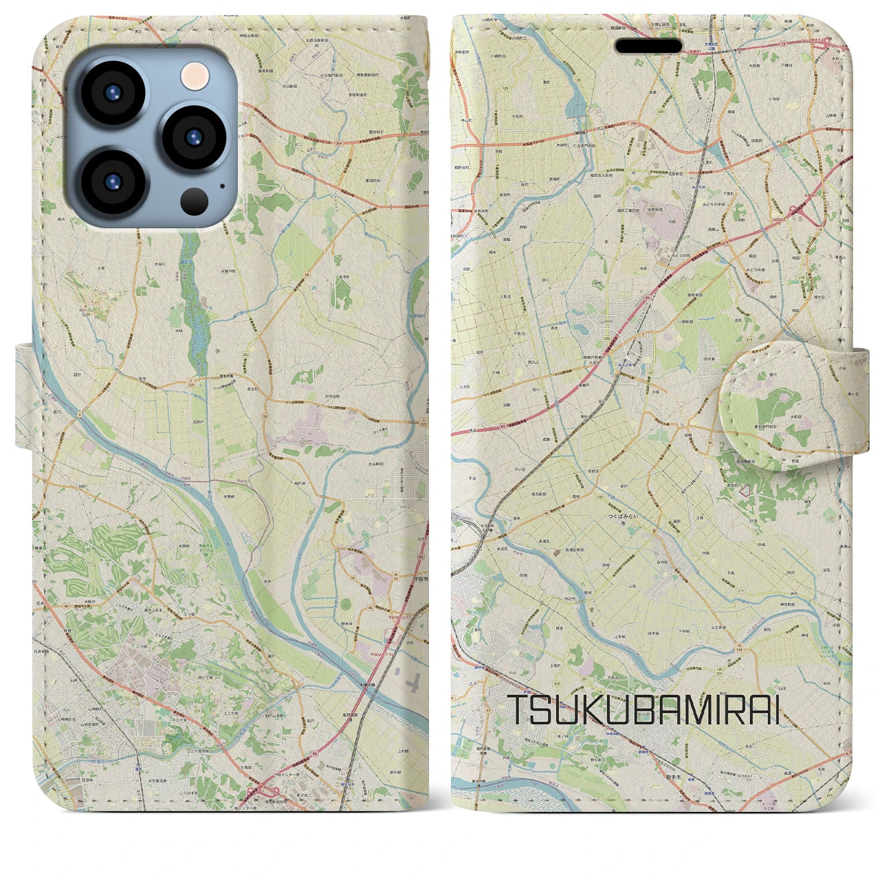 【つくばみらい】地図柄iPhoneケース（手帳両面タイプ・ナチュラル）iPhone 13 Pro Max 用