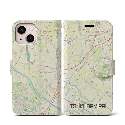 【つくばみらい（茨城県）】地図柄iPhoneケース（手帳タイプ）ナチュラル・iPhone 13 mini 用