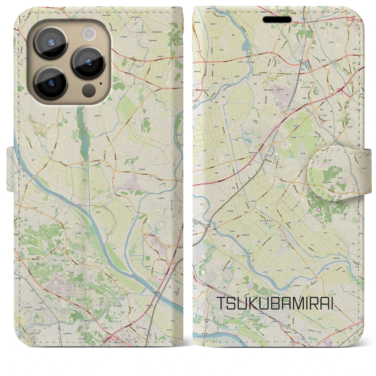 【つくばみらい】地図柄iPhoneケース（手帳両面タイプ・ナチュラル）iPhone 14 Pro Max 用