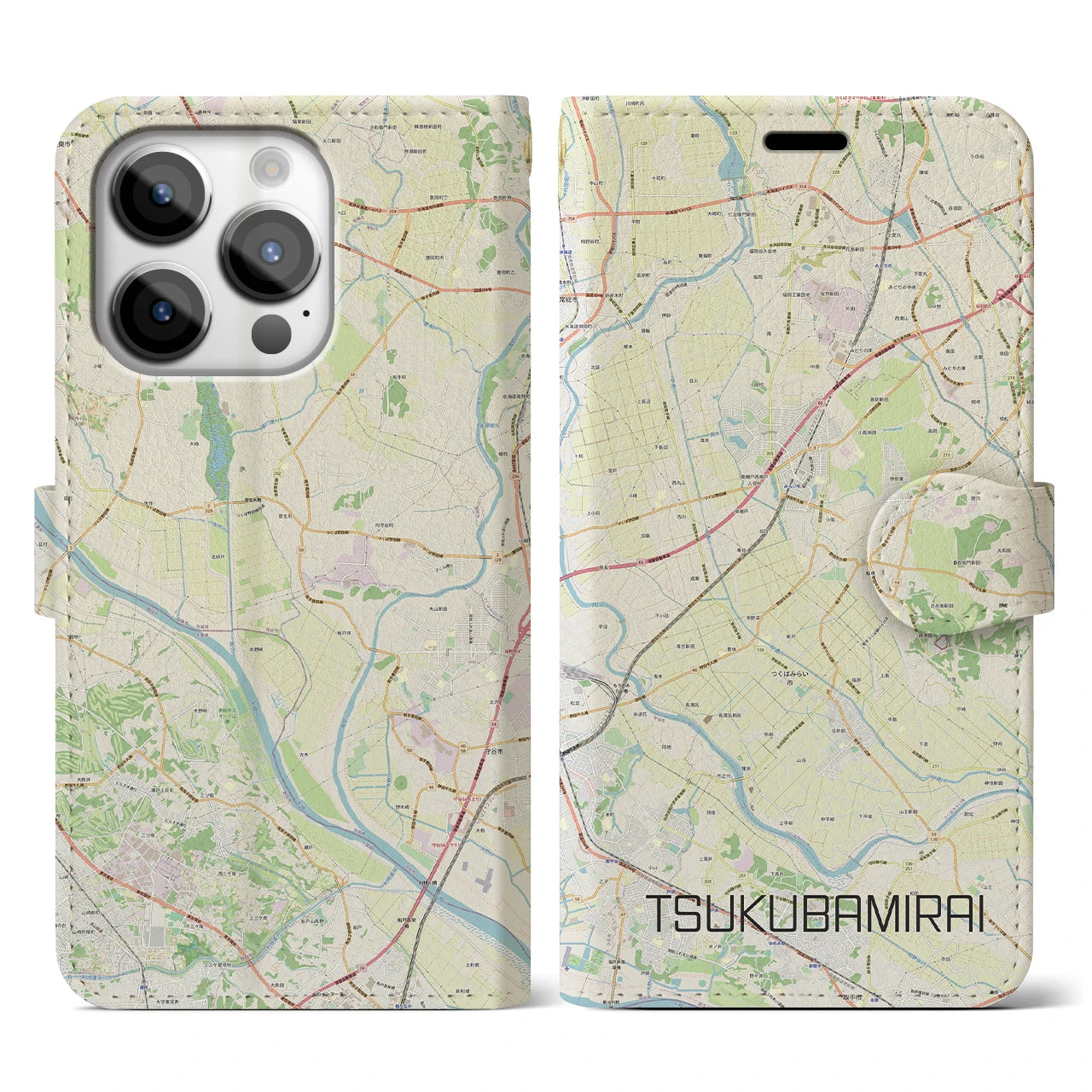 【つくばみらい】地図柄iPhoneケース（手帳両面タイプ・ナチュラル）iPhone 14 Pro 用