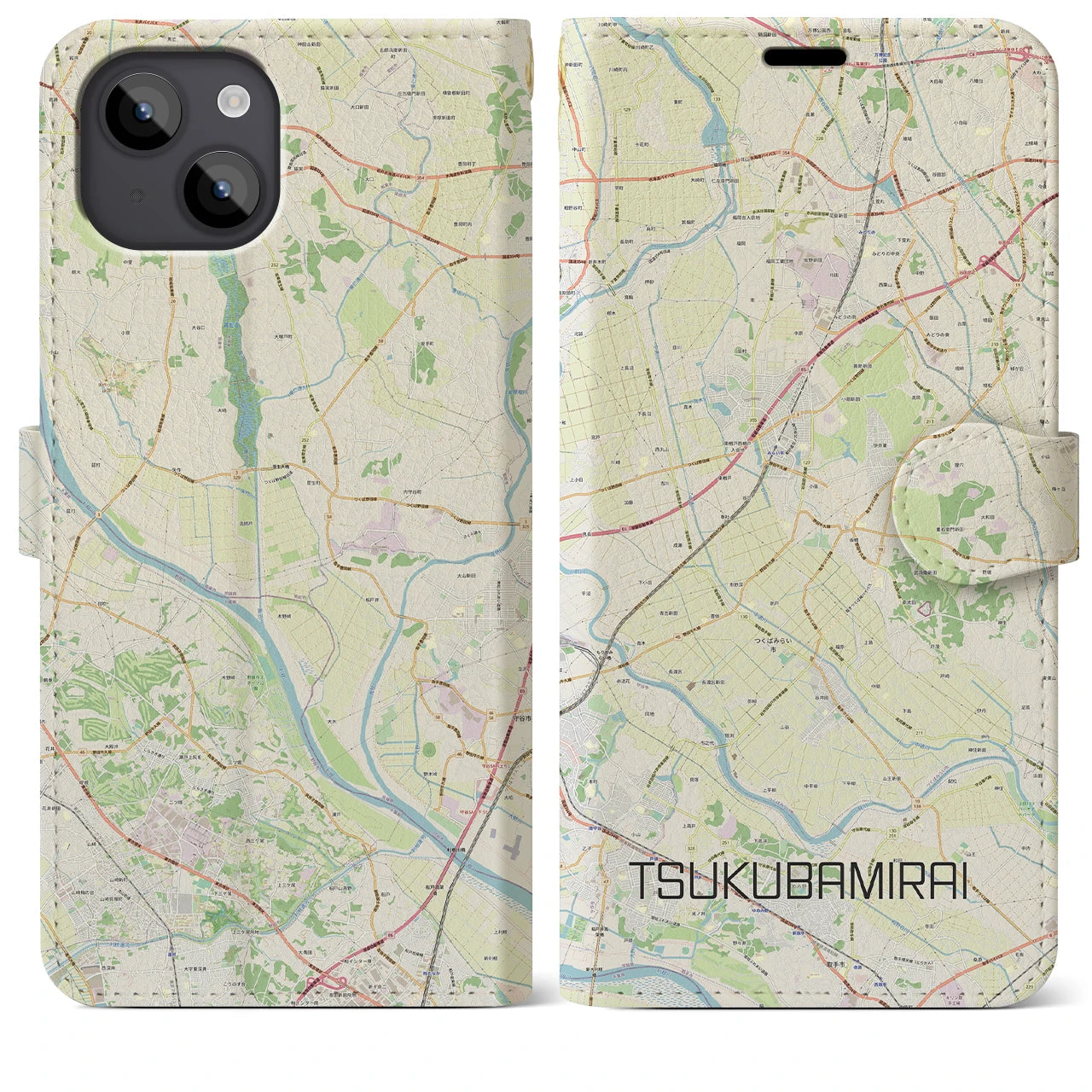 【つくばみらい】地図柄iPhoneケース（手帳両面タイプ・ナチュラル）iPhone 14 Plus 用