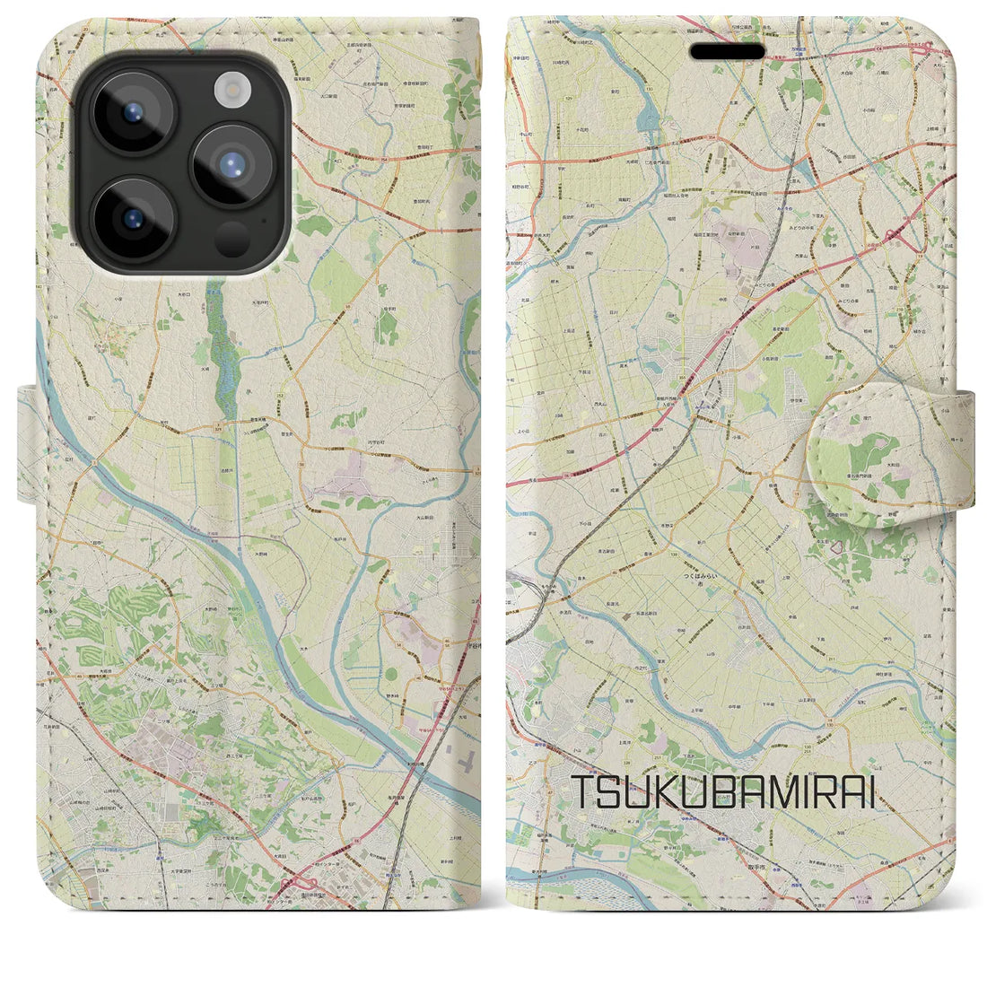 【つくばみらい】地図柄iPhoneケース（手帳両面タイプ・ナチュラル）iPhone 15 Pro Max 用