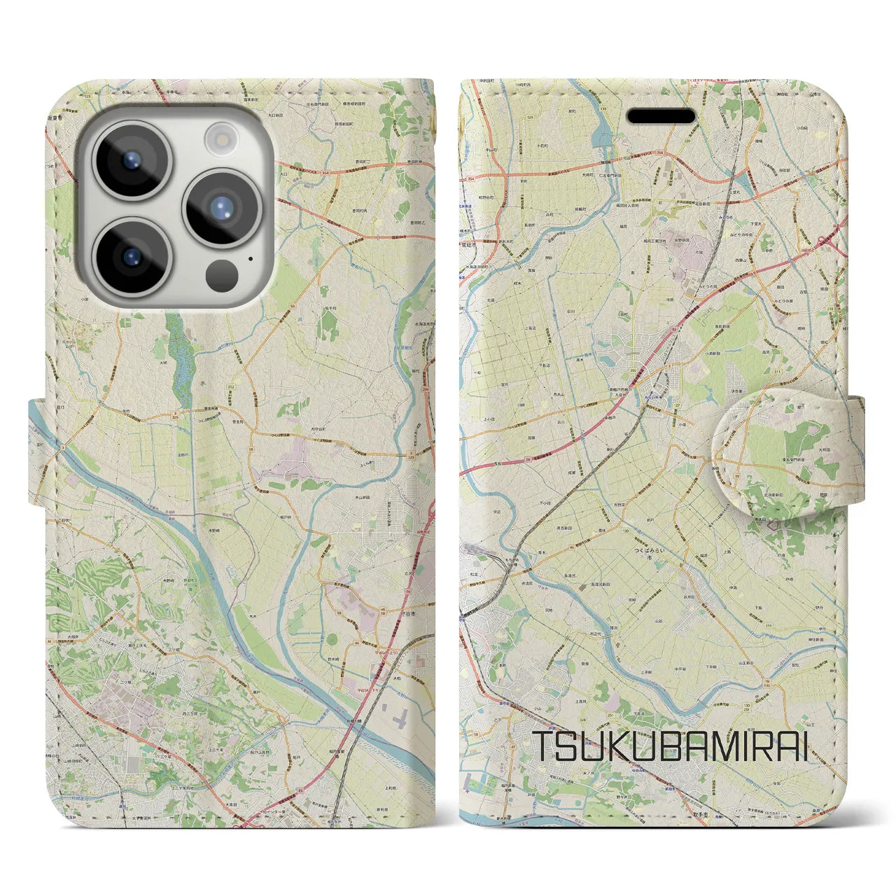 【つくばみらい】地図柄iPhoneケース（手帳両面タイプ・ナチュラル）iPhone 15 Pro 用