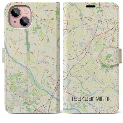 【つくばみらい（茨城県）】地図柄iPhoneケース（手帳タイプ）ナチュラル・iPhone 15 Plus 用