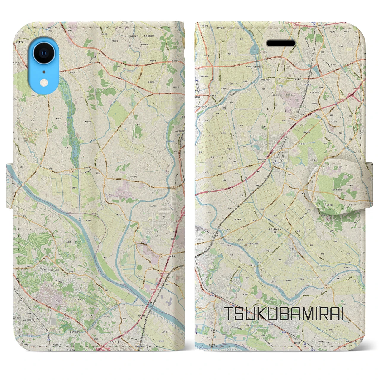 【つくばみらい】地図柄iPhoneケース（手帳両面タイプ・ナチュラル）iPhone XR 用