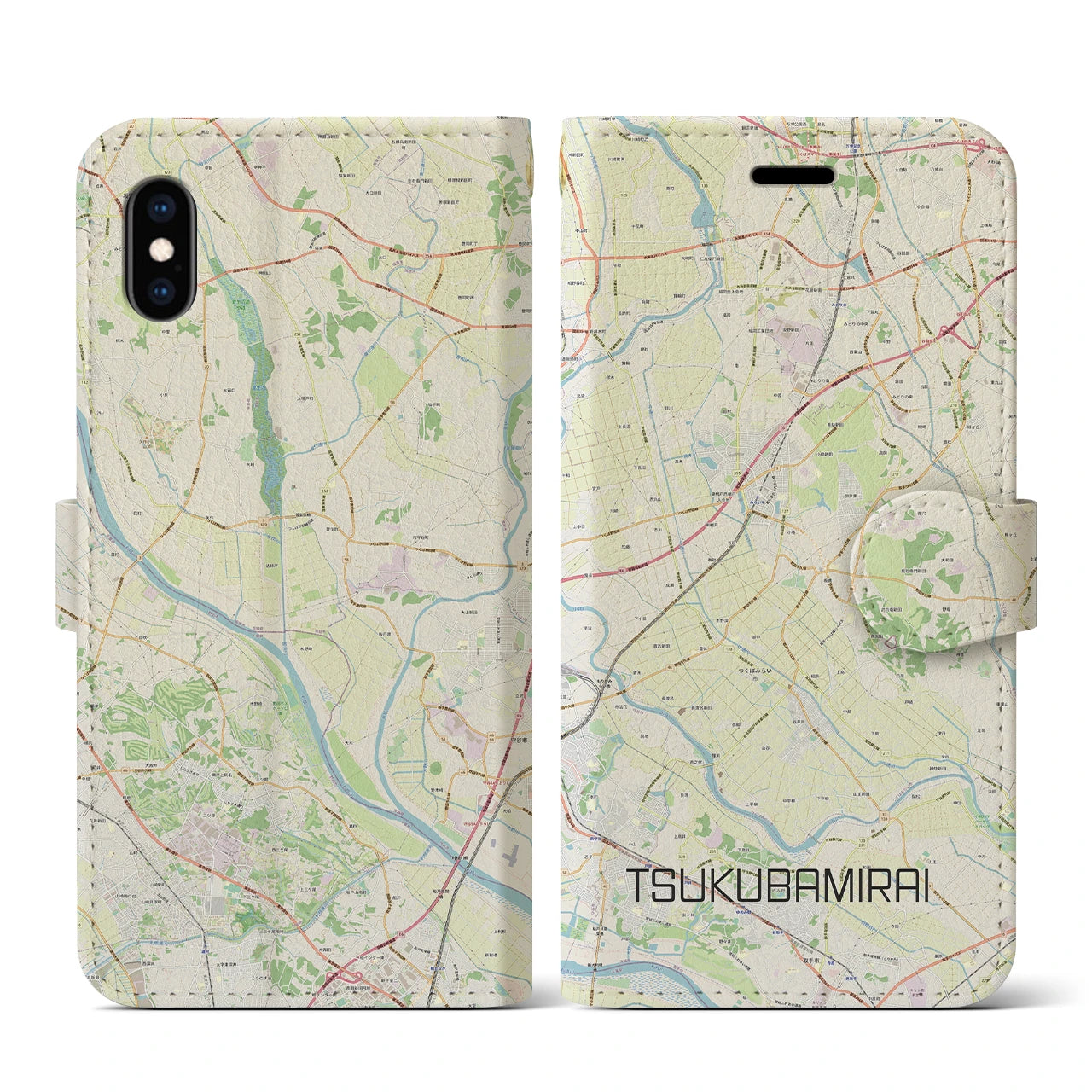 【つくばみらい】地図柄iPhoneケース（手帳両面タイプ・ナチュラル）iPhone XS / X 用