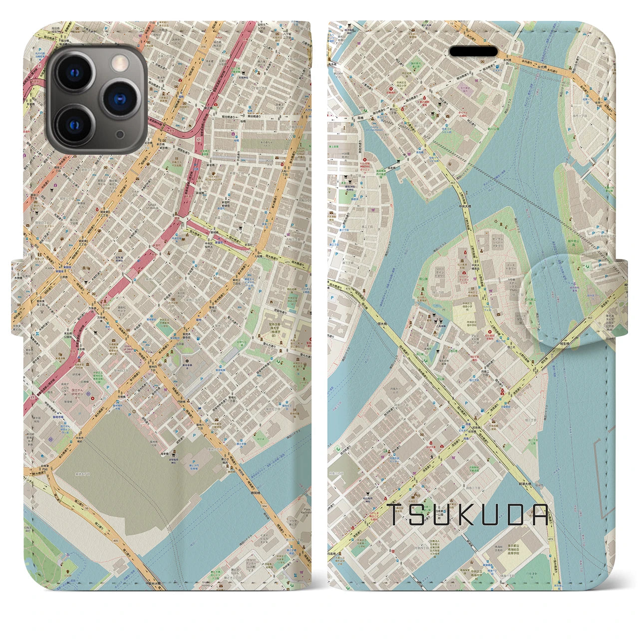 【佃】地図柄iPhoneケース（手帳両面タイプ・ナチュラル）iPhone 11 Pro Max 用
